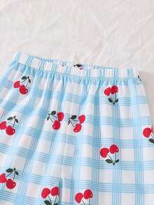 Sparklyn 学院风睡衣套装,浅蓝色格子图案,樱桃印花,翻领开衫,长袖上衣和长裤,甜美少女休闲家居服两件套。 - 藍色 - 查看 9