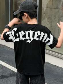 SHEIN 1 pieza Camiseta de punto de manga corta holgada con estampado de letras de grafiti casual para niños preadolescentes, patrón versátil, adecuada para ir a la escuela, uso diario casual, vacaciones, viajes, deportes, y apta para primavera, verano, otoño e invierno. - Negro - Ver 2