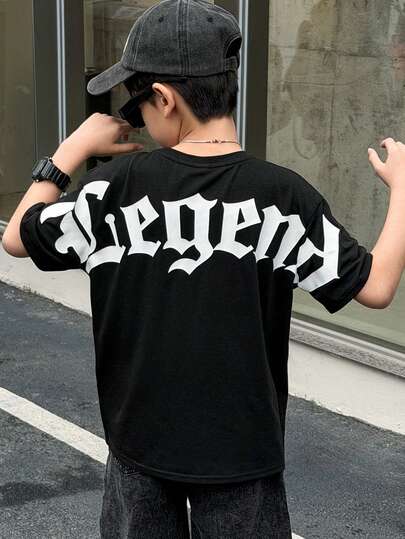 SHEIN 1件青少年男童休闲街头涂鸦字母图案宽松短袖针织T恤，适合上学通勤、日常休闲度假、旅行、运动，适合春、夏、秋、冬四季穿着。