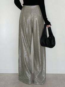 FRIFUL Women's Fashionable Commuter Metallic Wide Leg Pants - Gold - View 7