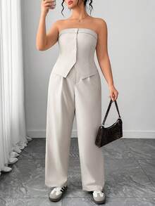 SHEIN PETITE CURVE Plus Size Women Casual Tube Top & Blazer 2 Pieces Set - Grey - View 5