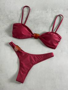Swim Basics 2件套纯色石纹装饰优雅女士泳装套装，春夏款 - 酒紅色 - 查看 4