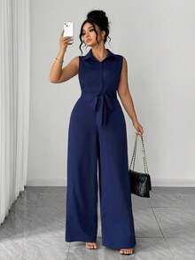 Elenzga Plus Size Women's Elegant Commuter Shirt Collar Short Sleeve Button Half-Open Cinched Waist Jumpsuit, Spring/Summer - Navy Blue - View 4