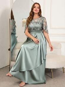 Ellevyn 大码女士优雅拼接刺绣网纱腰部裹身褶皱连衣裙 - 薄荷綠 - 查看 7