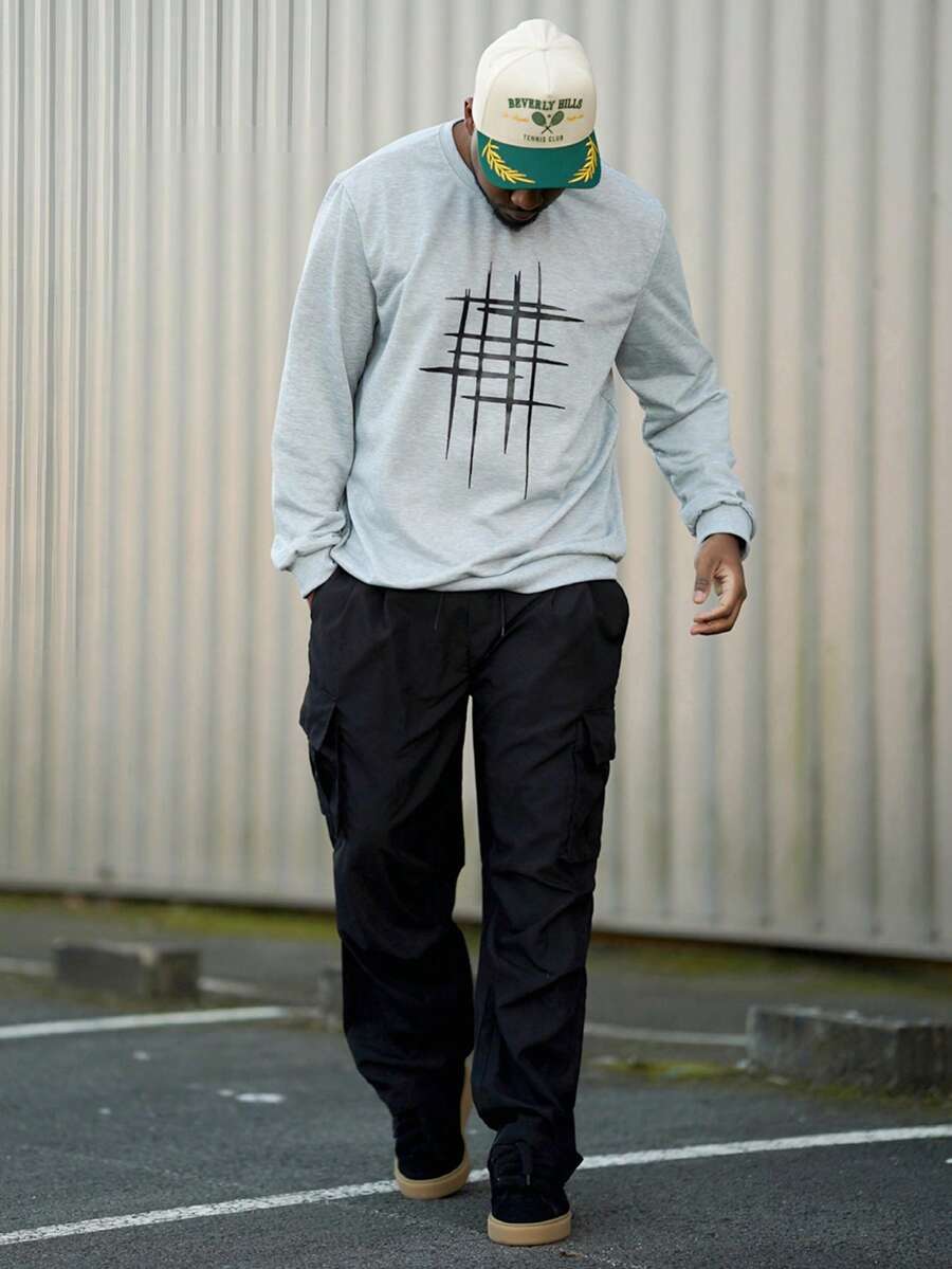 Heavens Edit Men's Abstract Line Pattern Print Crew Neck Sweatshirt, Street Style, Autumn/Winter, Long Sleeve Top - Grey - View 1