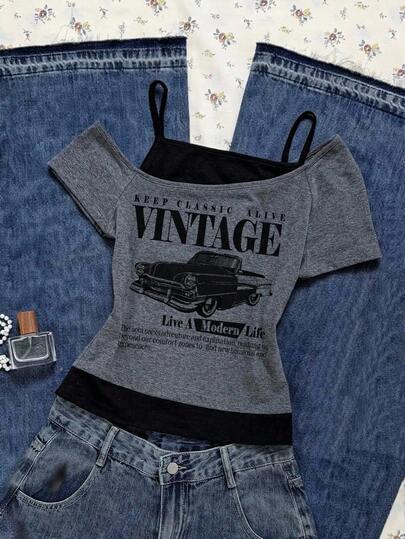 Girls' Casual 2 In 1 Streetwear T-Shirt, This T-Shirt Features Letter Slogan And Car Graphic Prints, With Cold Shoulder Short Sleeve Design, Suitable For Summer Leisure Activities, Shopping, And Photo Shoots.