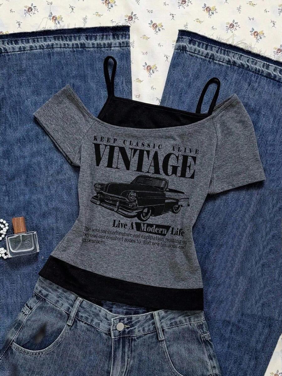 Girls' Casual 2 In 1 Streetwear T-Shirt, This T-Shirt Features Letter Slogan And Car Graphic Prints, With Cold Shoulder Short Sleeve Design, Suitable For Summer Leisure Activities, Shopping, And Photo Shoots. - Grey - View 1