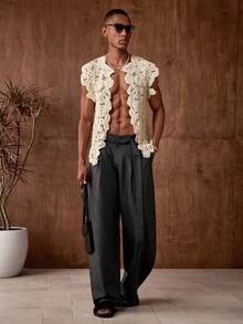 AKNOTIC Business Casual 男士针织钩编花卉图案宽松无袖针织背心，适合夏季、度假、休闲穿着、派对、情侣装，男士礼物 - 白色 - 查看 7