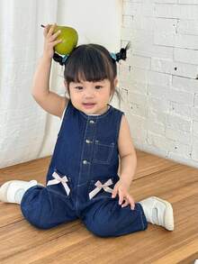 SHEIN 女婴深蓝色牛仔无袖白色条纹连体锥形裤 - 深色水洗藍 - 查看 6