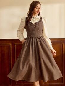 Vintamour Vintage Classic Elegant Women Embroidered Fitted Tank Dress, Brown Brown Elegant Dress Women Coffee Brown Dress Cottagecore Dress French Style Dress Spring Outfit Women Spring Dress For Women - Brown - View 3