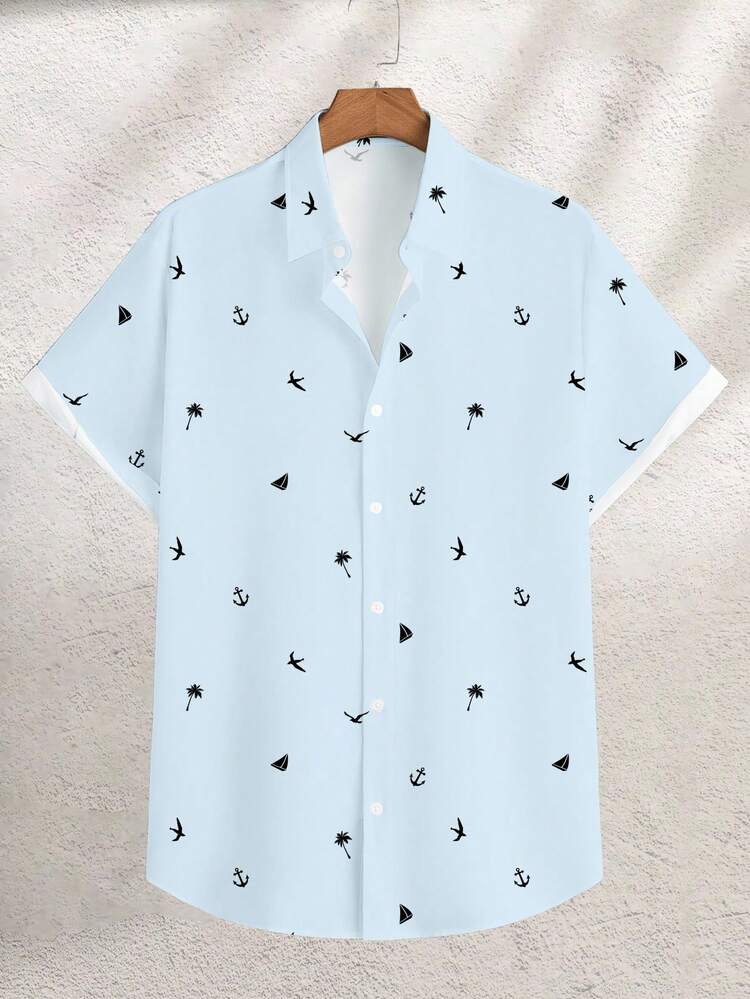 Manfinity RSRT Fashionable Casual Resort Style Silhouette Print Men's Plus Size Slim Fit Short Sleeve Button-Down Shirt, Suitable For Vacation, Outings, Dates, Great Gift For Boyfriend - Blue - View 2