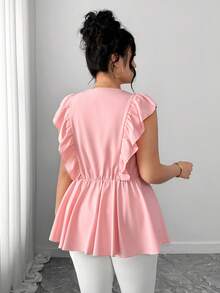 Elenzga 大码女式春夏印花V领收腰喇叭下摆休闲衬衫，优雅女式上衣，适合新年聚会、派对、度假、海滩、毕业典礼、节日、情人节、音乐节、母亲节、万圣节、感恩节、复活节、国庆节、舞会、约会、婚礼、郊游等场合。粉色女式衬衫，优雅粉色印花上衣，娃娃衫式上衣，粉色荷叶边上衣，女士粉色 - 粉色 - 查看 2