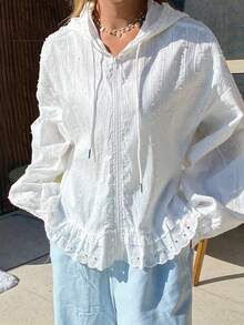 DAZY Women's Solid Color Textured Hooded Loose Long Sleeve Lace Patchwork Casual Vacation Sun Protection Spring/Summer Jacket - White - View 3