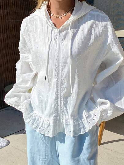 DAZY Jaqueta Casual de Proteção Solar para Primavera/Verão com Capuz, Manga Longa Solta, Texturizada e Cor Sólida, com Recorte de Renda para Mulheres