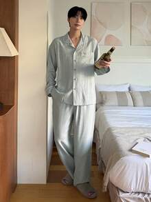 DAZY Green Long Sleeve Shirt And Pants Men's Pajama Set, Spring - Green - View 6