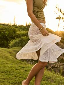 Aralina 女士弹力腰带花卉蕾丝荷叶边中长裙 - 白色 - 查看 4