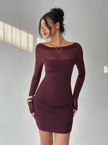 Aloruh Women's Elegant Off Shoulder Mesh Patchwork Bodycon Mini Dress, Suitable For Valentine's Day - Red Violet - View 6