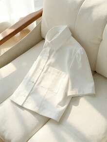 Franclia 2026 New Arrival Women's Cropped Shirts: White Short-Sleeved Shirt Collar Tops With Buttons & Pocket Detail - Casual, Commute, Minimalist & Preppy Style - White - View 3