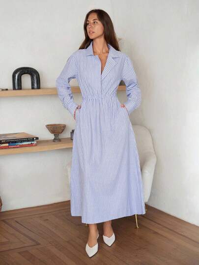 Cloudara Women's Elegant Blue And White Striped Midi Dress With Long Sleeves And Round Neck Teacher Outfits For Women