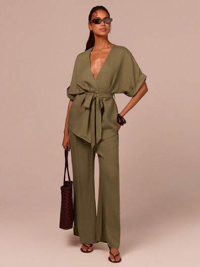 COSMINA V-Neck Raglan Sleeve Cuff Fold, Wrap Design, Waist Tie, V-Neck Shirt And Pants Set, Loose Top, Military Green Set, Summer Women's Casual 2-Piece Set