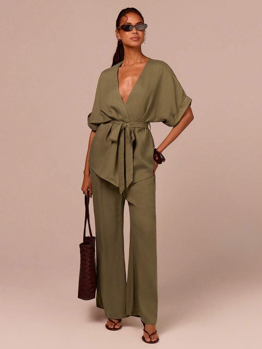 COSMINA V-Neck Raglan Sleeve Cuff Fold, Wrap Design, Waist Tie, V-Neck Shirt And Pants Set, Loose Top, Military Green Set, Summer Vacation Packages, Relaxing Vacations, Women's Vacation Packages
,Summer Women's Casual 2-Piece Set - Army Green - View 1