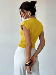 Firerie Áo len không tay cổ cao dáng rộng thanh lịch, đa năng, thích hợp mặc đi chơi hoặc đi học vào mùa thu/đông. - Màu vàng - Xem 2