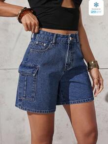 Quần short denim nữ dáng rộng, thoải mái, có túi hộp. - Màu xanh hải quân - Xem 5