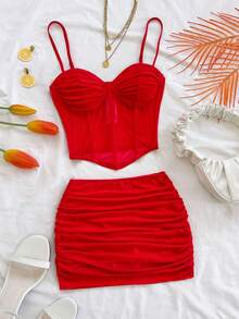 Soleia 新款性感V领抹胸吊带衫搭配低腰迷你裙两件套，修身剪裁，适合约会、情人节、新年、波西米亚风、度假、秋季女装、复古风、节日装扮 - 紅色 - 查看 4