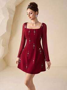 Modelyn 女士酒红色针织长袖网纱收腰A字型串珠连衣裙，春夏款 - 酒紅色 - 查看 3