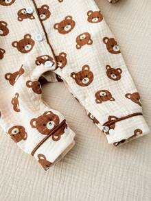 新生女宝宝休闲可爱卡通图案撞色长袖连体衣 - 卡其色 - 查看 6