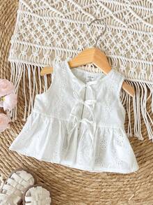 两件套可爱女婴休闲日常度假提花上衣，正面中央带蝴蝶结 - 白色 - 查看 4