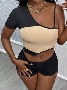 Glyssa Camiseta sexy de corte en el hombro y contraste de colores para mujer, adecuada para salidas, reuniones y uso diario, primavera/verano - Multicolor - Ver 3