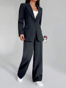EURMUSE Women Solid Color Two Pieces Outfits Sets Blazer Jacket And Pants - Grey - View 7