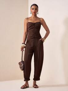 Zivah 2026 Spring/Summer New Music Festival Jumpsuit With Spaghetti Strap, Twist Ruched Design, Pockets, Ankle-Tied, Brown - Brown - View 6