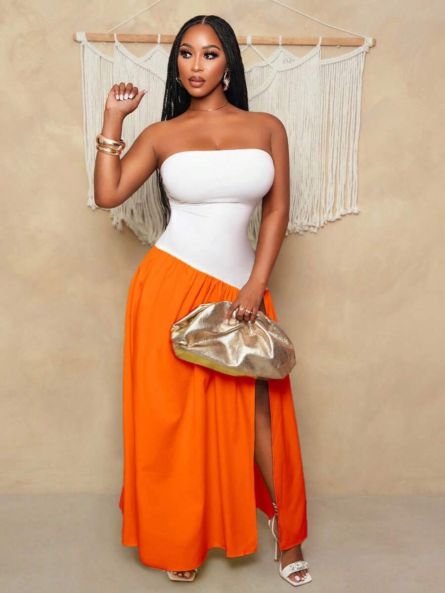 BamGleam 女士度假撞色侧开衩下摆时尚无肩带连衣裙 - 橘色 - 查看 1