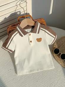 SHEIN Baby Boy Cute Bear Print Short Sleeve Polo Shirt,White Summer Toddler Top Clothes,Vintage Brown Baby Collar Shirt,Back-To-School,Carrer Day,Cute - Khaki - View 4