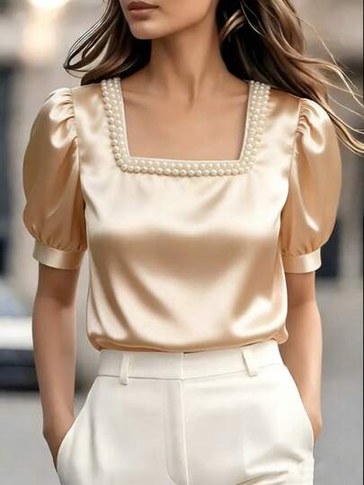 Ellegaria. Women's Champagne Satin Pearl Collar Puff Sleeve Blouse, French Elegant Chic Short Sleeve Shirt, Spring/Summer