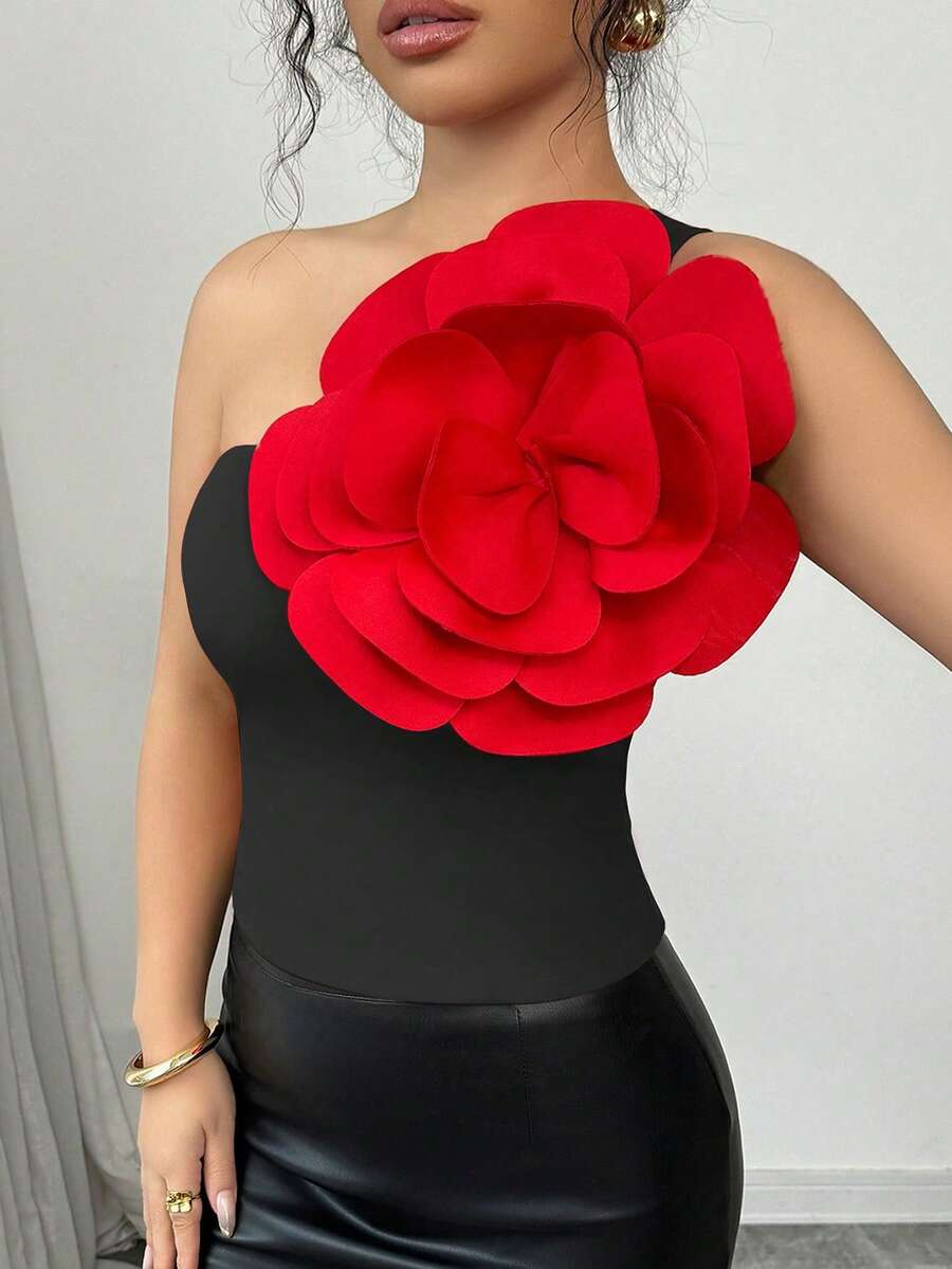 Selianne 新款红色纯色3D立体花卉斜领单肩吊带修身优雅露背针织上衣，适合女士春秋季新年穿着 - 紅色和黑色 - 查看 1