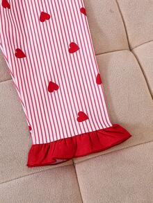Conjunto de 2 piezas con cárdigan de manga corta con estampado de fresa y cuello con volantes para niñas pequeñas, conjunto de pijama a rayas con corazones para niñas, conjunto de ropa de estar en casa holgado con dobladillo con volantes y bloques de color para niñas, conjunto de 2 piezas con estampado de corazón dulce para niñas - Rosa - Ver 7