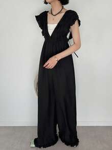 FRIFUL Women's Summer Solid Color Pleated Ruffle Tie Waist Slim Fit Jumpsuit, Versatile Jumpsuit For Women Lounge Sets For Women - Black - View 3