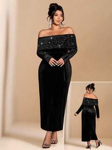 SHEIN PETITE CURVE 大码女士露肩丝绒亮片长袖连衣裙，优雅适合派对和约会 - 黑色 - 查看 4