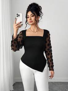 Elenzga Women's Plus Size Elegant Commuter 3D Floral Decor Mesh Splice T-Shirt, Autumn - Black - View 8