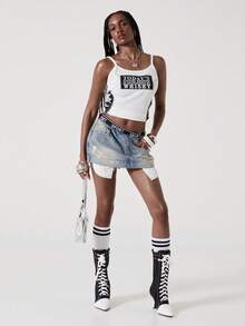 ROMWE Avant Women's Sporty Elastic Waist Low Waist Denim Mini Skirt - Light Wash - View 8