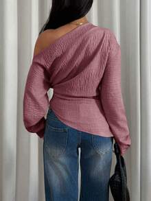 Siren Gaze Women's Solid Color Asymmetric Neck Ruffle Long Sleeve Top,Pink Top - Pink - View 2