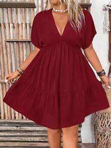 EMERY ROSE 大码休闲纯色蝙蝠袖连衣裙 - 紅色 - 查看 3