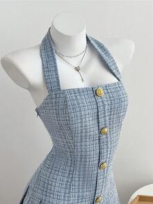 Elamini 女士白色短款连衣裙，优雅的秋冬日常、派对、休闲装扮，翻领褶裥粗花呢面料 - 藍色 - 查看 4