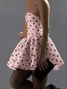 White Polka Dot Print Cropped Halter Butterfly Back Ruched Waist A-Line Short Dress - Baby Pink - View 4