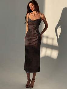 Aloruh Đầm maxi dáng đuôi cá ôm sát, dây mảnh, cổ xếp ly, in họa tiết, thanh lịch cho kỳ nghỉ. - Cà phê nâu - Xem 5