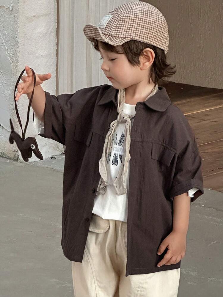 Young Boy Solid Color Short Sleeve Drop Shoulder Casual Button-Front Shirt Spring Summer