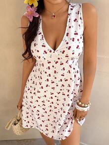 SHEIN 复古田园樱桃印花V领女式连衣裙，非常适合度假，清新甜美，适合日常通勤、聚会或作为礼物送给朋友。 - 彩色 - 查看 5